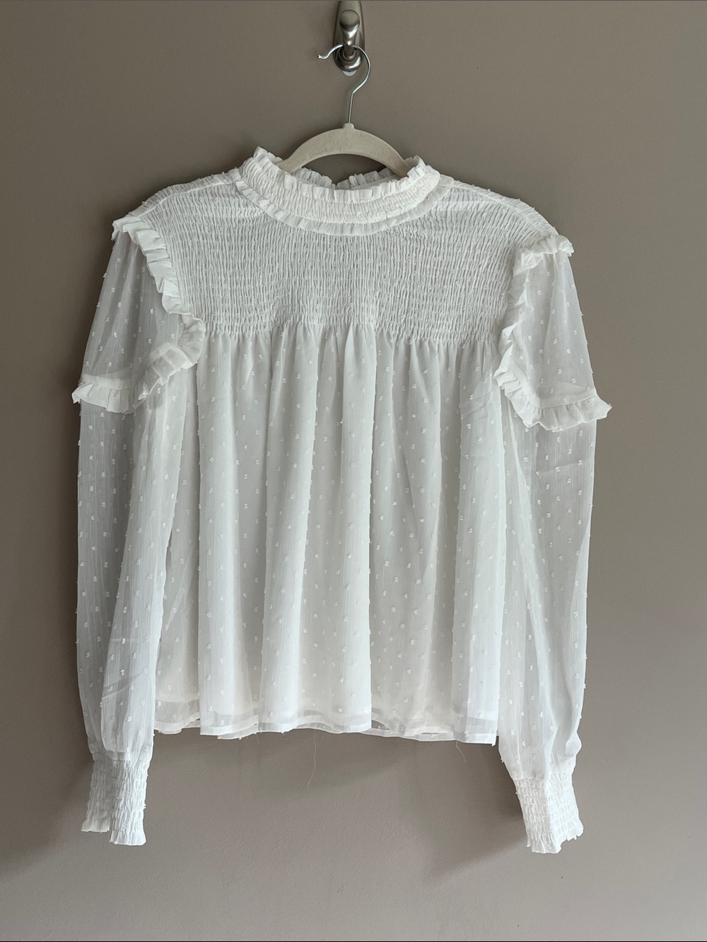 English Factory Smocked Ruffle Swiss Dot White Long Sleeve Blouse size small